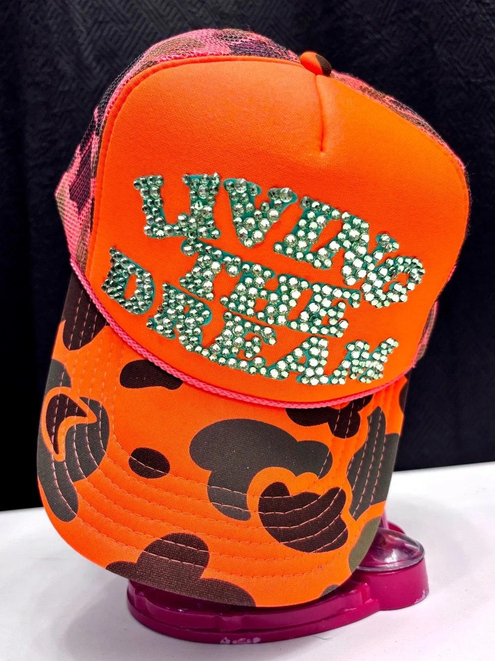 Neon Orange Rhinestone 'Living the Dream' Trucker Hat